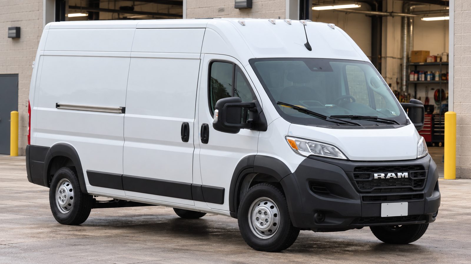 White Ram ProMaster high-roof cargo van parked outside a commercial building