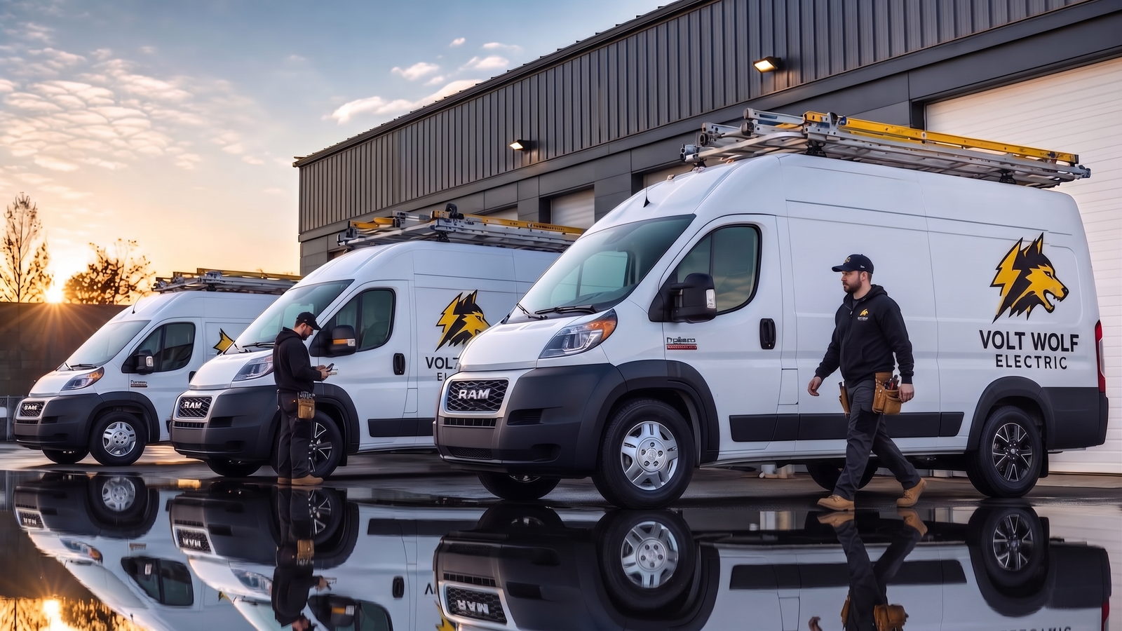 Three wrapped electrical service vans lined up outside a shop at sunrise